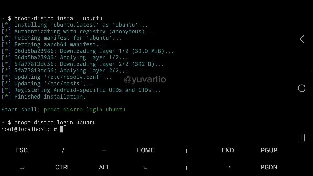 Termux'da Ubuntu'ya giriş yapma.